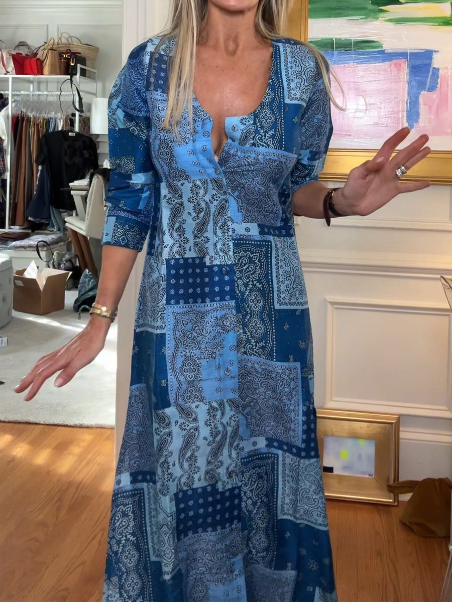 Printed Button-up V Neck Slit Hem Dress