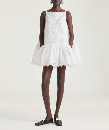 Square Neck Lace Ruffle Mini Dress