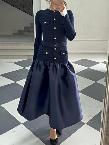 Gold Buttons Contrast Trims Dropped Waist Dress